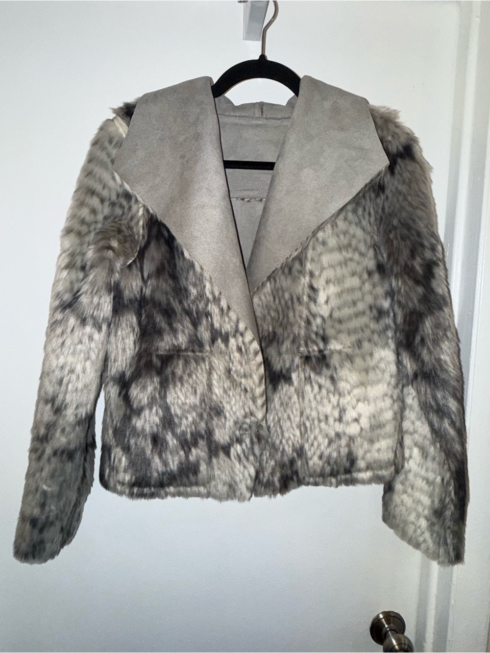 Marrakech Anthropologie Faux Fur Animal Print Jacket Gray XS